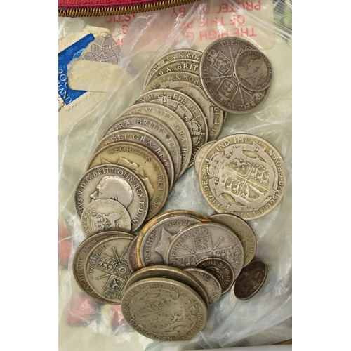 94 - TWO SMALL TINS  OF MIXED COINAGE, to include mixed world coinage with approx 330 grams of early to m... 