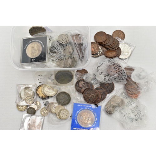 96 - A PLASTIC BOX OF UK COINS AND COMMEMORATIVES, to include a small package of silver content coins 120... 