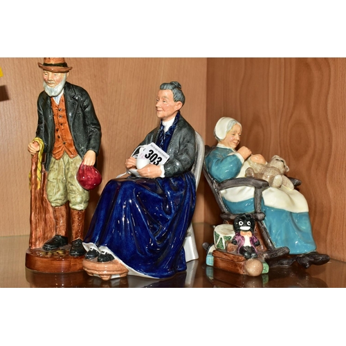 303 - THREE ROYAL DOULTON FIGURINES, comprising 'The Cup of Tea' marks on base HN2322, height 19cm, 'The G... 