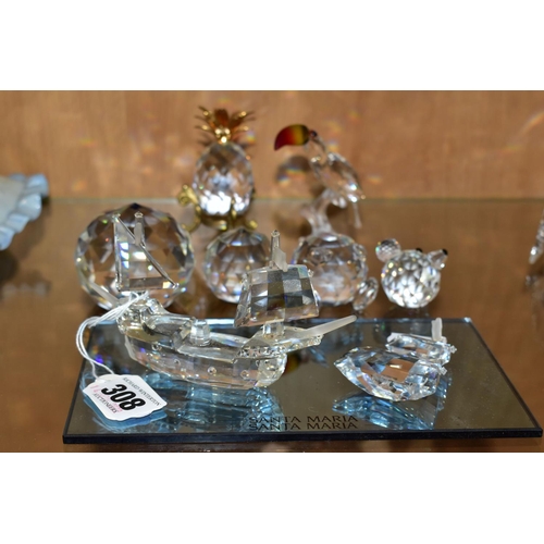 308 - FOUR SWAROVSKI CRYSTAL ORNAMENTS AND TWO COLOURED CRYSTAL PAPERWEIGHTS, comprising a Santa Maria -16... 