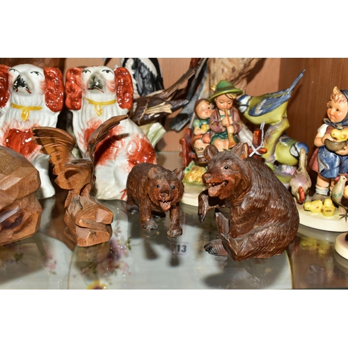 310 - A GROUP OF EIGHT ASSORTED GOEBEL FIGURES AND FIVE  CARVED WOOD ANIMALS, comprising a carved wood dee... 