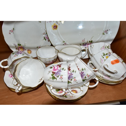 313 - ROYAL CROWN DERBY 'DERBY POSIES' PATTERN TEA WARES, comprising nine cups, nine saucers, milk jug, su... 