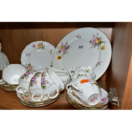 313 - ROYAL CROWN DERBY 'DERBY POSIES' PATTERN TEA WARES, comprising nine cups, nine saucers, milk jug, su... 