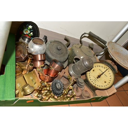 320 - TWO BOXES OF METALWARE , LAMPS AND COLLECTABLE TINS, to include a boxed Tilley storm lamp, nineteen ... 