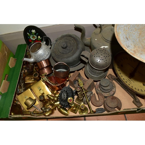 320 - TWO BOXES OF METALWARE , LAMPS AND COLLECTABLE TINS, to include a boxed Tilley storm lamp, nineteen ... 