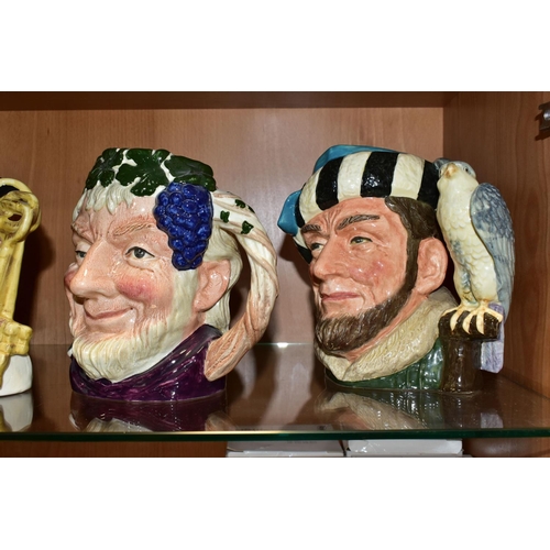 322 - SIX ROYAL DOULTON CHARACTER JUGS, five large jugs: Old Salt D6551, Don Quixote D6455 (crack to base ... 