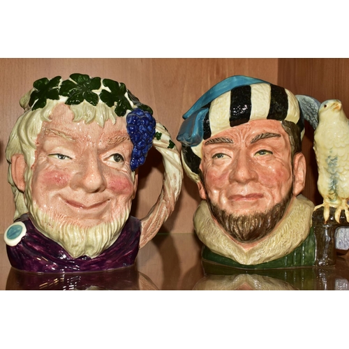 322 - SIX ROYAL DOULTON CHARACTER JUGS, five large jugs: Old Salt D6551, Don Quixote D6455 (crack to base ... 