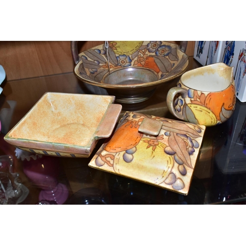 324 - THREE PIECES OF CHARLOTTE RHEAD BURSLEY WARE, in the 'Oranges and Lemons' pattern TL5, comprising a ... 