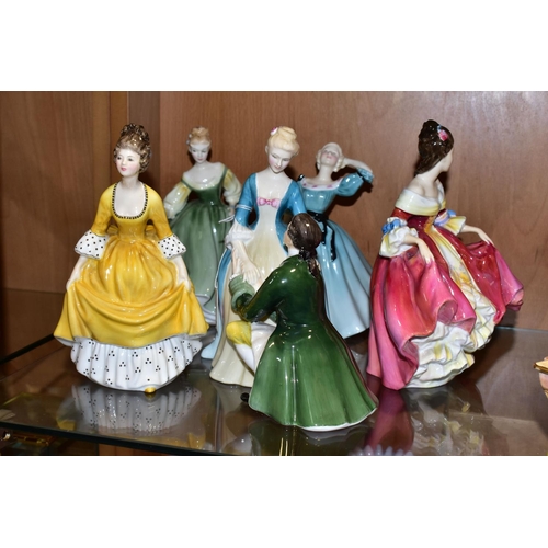 325 - FIVE ROYAL DOULTON FIGURINES/FIGURE GROUPS, comprising The Suitor HN2132, Southern Belle HN2229 (gla... 