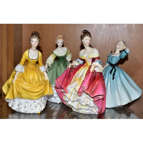 325 - FIVE ROYAL DOULTON FIGURINES/FIGURE GROUPS, comprising The Suitor HN2132, Southern Belle HN2229 (gla... 