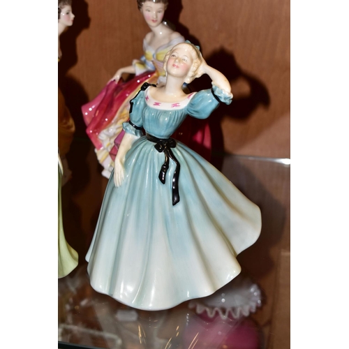 325 - FIVE ROYAL DOULTON FIGURINES/FIGURE GROUPS, comprising The Suitor HN2132, Southern Belle HN2229 (gla... 