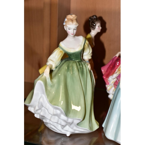 325 - FIVE ROYAL DOULTON FIGURINES/FIGURE GROUPS, comprising The Suitor HN2132, Southern Belle HN2229 (gla... 