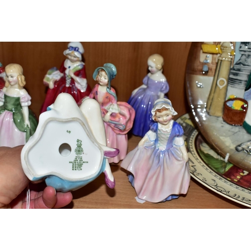 327 - A GROUP OF ROYAL DOULTON FIGURINES AND PLATES, comprising Alice HN2158, The Rag Doll HN2142, Valerie... 