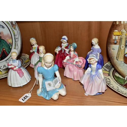 327 - A GROUP OF ROYAL DOULTON FIGURINES AND PLATES, comprising Alice HN2158, The Rag Doll HN2142, Valerie... 