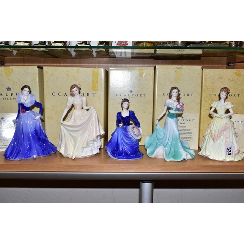 334 - FIVE BOXED COALPORT LADIES OF FASHION FIGURINES, comprising Anne 1997 Lady of Fashion with certifica... 