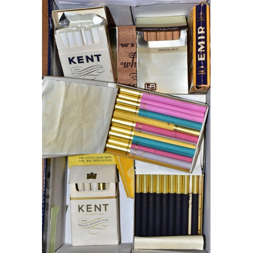 341 - A BOX OF CIGARETTE AND CIGAR PACKETS, most having part contents, to include Sobranie Black Russian F... 