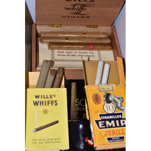 341 - A BOX OF CIGARETTE AND CIGAR PACKETS, most having part contents, to include Sobranie Black Russian F... 