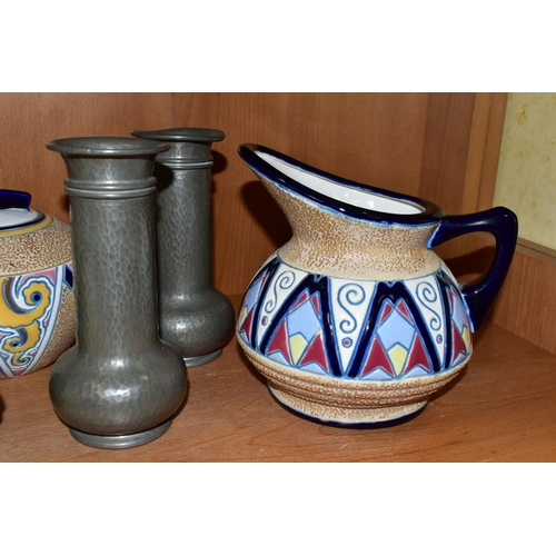 342 - A PAIR OF LIBERTY & CO TUDRIC PEWTER VASES AND A GROUP OF CERAMICS, the Tudric vases of bulbous form... 