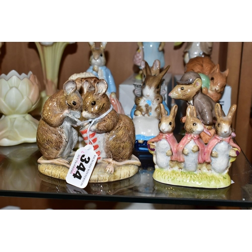 344 - A GROUP OF TEN ROYAL ALBERT BEATRIX POTTER FIGURES, comprising boxed Mrs Flopsy Bunny, boxed Benjami... 