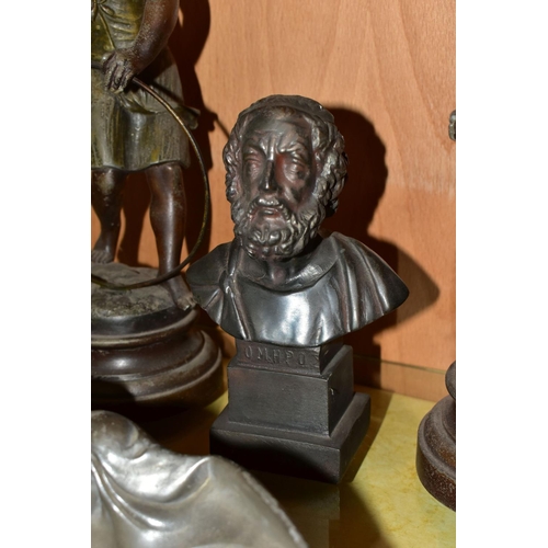 352 - AN ART NOUVEAU PEWTER DESK STAND, A BUST AND TWO FIGURES, comprising twin inkwell desk stand with fe... 