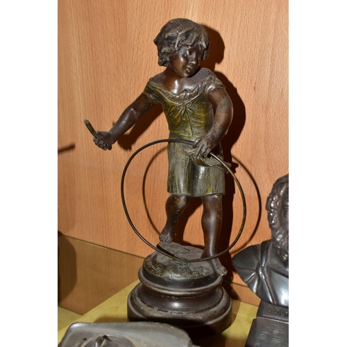 352 - AN ART NOUVEAU PEWTER DESK STAND, A BUST AND TWO FIGURES, comprising twin inkwell desk stand with fe... 