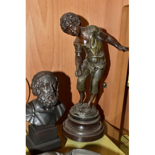 352 - AN ART NOUVEAU PEWTER DESK STAND, A BUST AND TWO FIGURES, comprising twin inkwell desk stand with fe... 