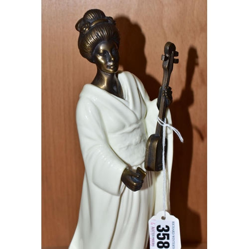 358 - A MINTON GEISHA FIGURINE AND TWO NORITAKE FISH, Geisha MS26 height 25.5cm, with cream ceramic body a... 