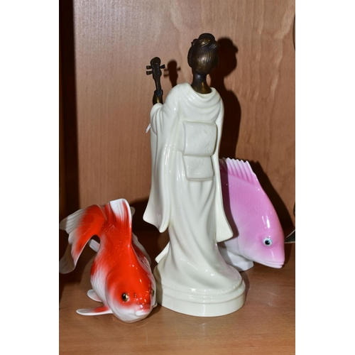 358 - A MINTON GEISHA FIGURINE AND TWO NORITAKE FISH, Geisha MS26 height 25.5cm, with cream ceramic body a... 