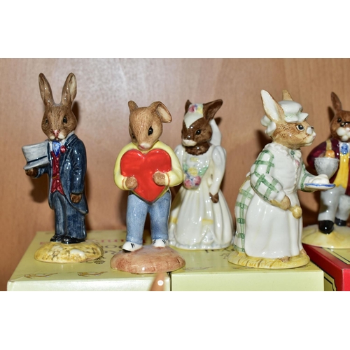 361 - FOURTEEN ROYAL DOULTON BUNNYKINS FIGURES, of which nine have boxes, comprising Polly Bunnykins DB71,... 