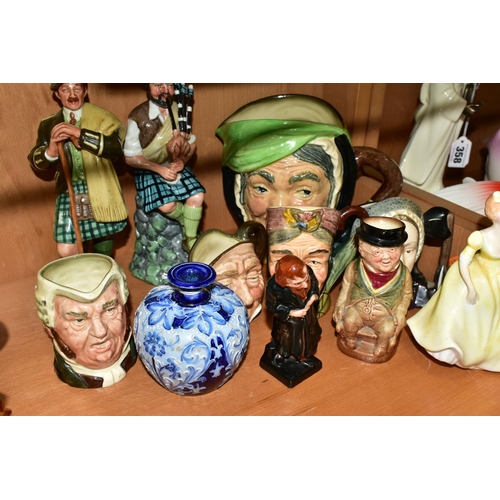 364 - A GROUP OF ROYAL DOULTON FIGURES, CHARACTER JUGS AND A JAMES MACINTYRE FLORIAN WARE MINIATURE VASE, ... 