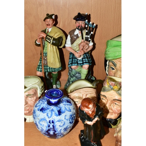 364 - A GROUP OF ROYAL DOULTON FIGURES, CHARACTER JUGS AND A JAMES MACINTYRE FLORIAN WARE MINIATURE VASE, ... 