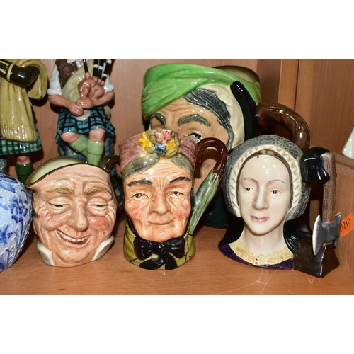 364 - A GROUP OF ROYAL DOULTON FIGURES, CHARACTER JUGS AND A JAMES MACINTYRE FLORIAN WARE MINIATURE VASE, ... 