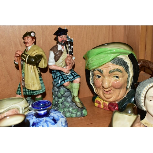 364 - A GROUP OF ROYAL DOULTON FIGURES, CHARACTER JUGS AND A JAMES MACINTYRE FLORIAN WARE MINIATURE VASE, ... 