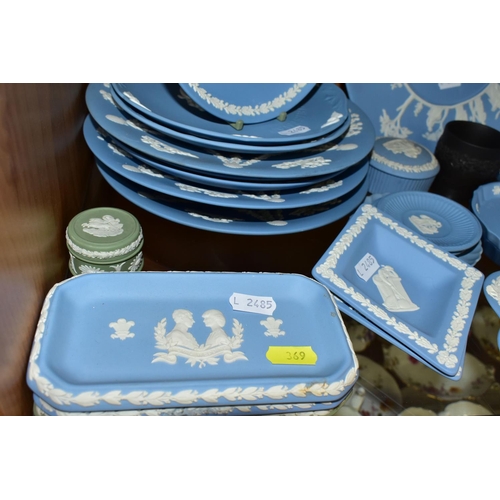 369 - A LARGE QUANTITY OF WEDGWOOD BLUE JASPER GIFT WARE, comprising a modern pale blue lidded pot- W40100... 