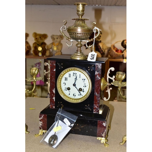 375 - A LARGE BLACK SLATE AND MARBLE OPEN ESCAPEMENT MANTEL CLOCK, Japy Freres movement, beaded bezel, whi... 