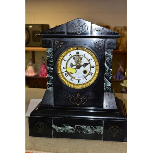 375 - A LARGE BLACK SLATE AND MARBLE OPEN ESCAPEMENT MANTEL CLOCK, Japy Freres movement, beaded bezel, whi... 