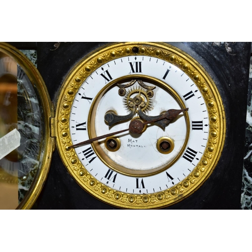 375 - A LARGE BLACK SLATE AND MARBLE OPEN ESCAPEMENT MANTEL CLOCK, Japy Freres movement, beaded bezel, whi... 