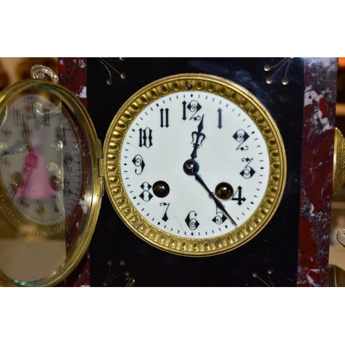 375 - A LARGE BLACK SLATE AND MARBLE OPEN ESCAPEMENT MANTEL CLOCK, Japy Freres movement, beaded bezel, whi... 