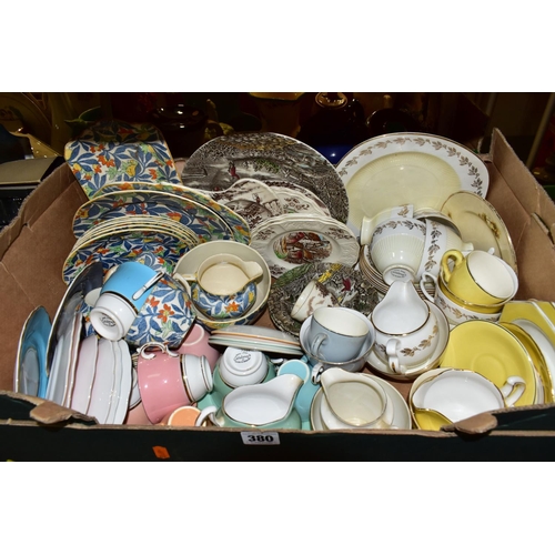 380 - SEVEN BOXES OF CERAMICS, TEA WARES AND DRINKING GLASSES, to include a Hampton Ivory -  Swinnerton's ... 