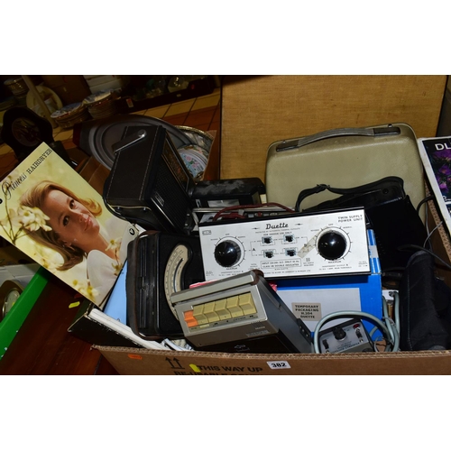 382 - SIX BOXES OF VINTAGE ELECTRICAL ITEMS AND METALWARES, to include a boxed Smith Cordon DLX400 word pr... 