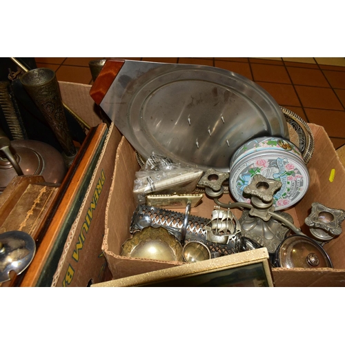 382 - SIX BOXES OF VINTAGE ELECTRICAL ITEMS AND METALWARES, to include a boxed Smith Cordon DLX400 word pr... 