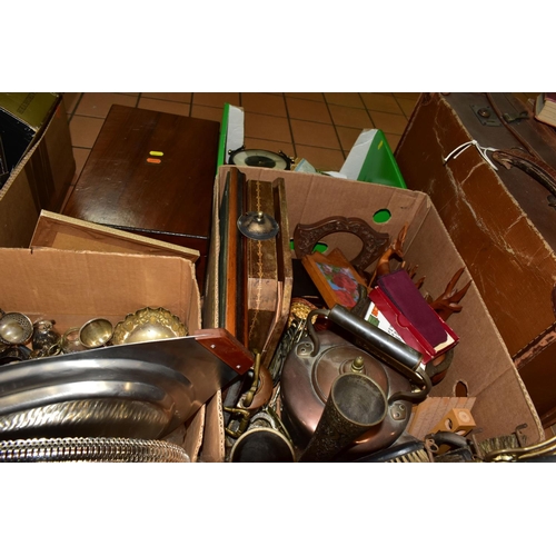 382 - SIX BOXES OF VINTAGE ELECTRICAL ITEMS AND METALWARES, to include a boxed Smith Cordon DLX400 word pr... 