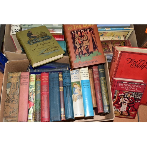 383 - FIVE BOXES OF ASSORTED ANTIQUARIAN BOOKS, late 19th and early 20th Century novels to include a Routl... 