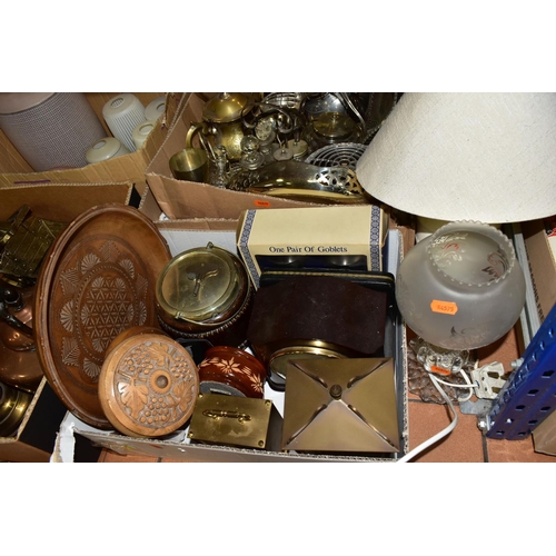 390 - FOUR BOXES AND LOOSE METALWARES, LAMPS AND SUNDRIES ETC, to include a brass model of a horse and car... 