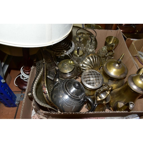 390 - FOUR BOXES AND LOOSE METALWARES, LAMPS AND SUNDRIES ETC, to include a brass model of a horse and car... 