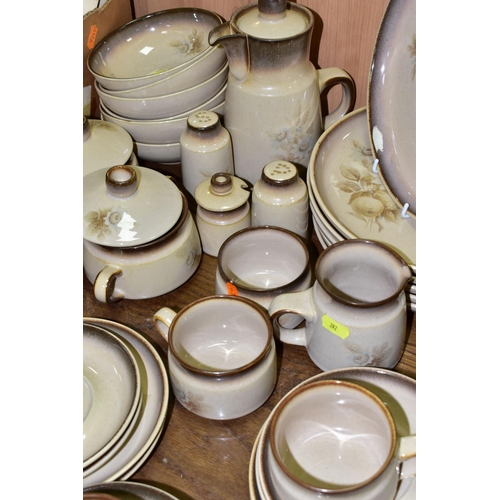 392 - DENBY MEMORIES SIX PLACE DINNER SET, comprising dinner plates, breakfast bowls, coffee pot, cups, sa... 