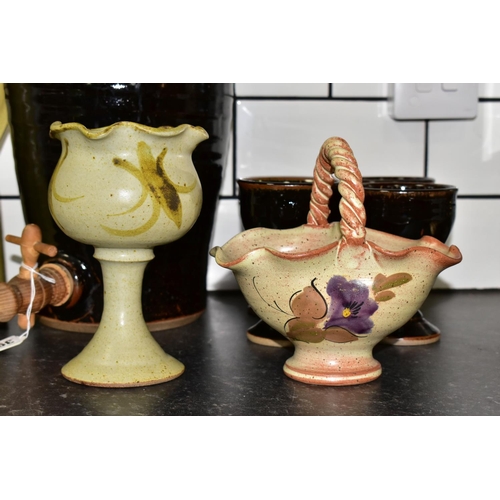 399 - A GROUP OF STUDIO POTTERY, to include a brown glazed cider flagon, height 44cm, with four matching g... 