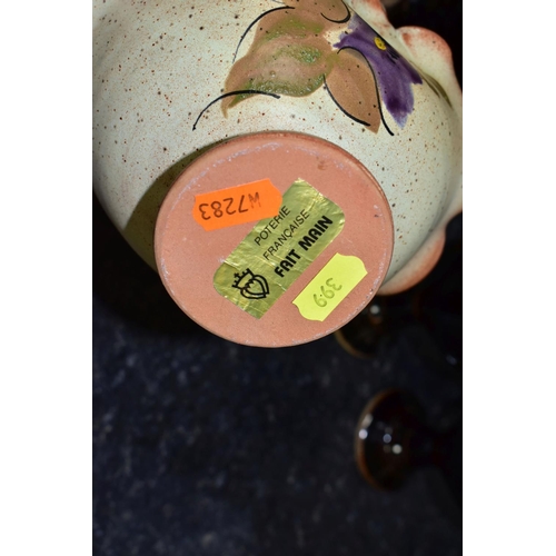 399 - A GROUP OF STUDIO POTTERY, to include a brown glazed cider flagon, height 44cm, with four matching g... 