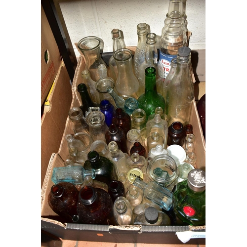 410 - FOUR BOXES OF STONEWARE SALT GLAZED JARS AND ANTIQUE/VINTAGE GLASS BOTTLES, to include salt glazed i... 