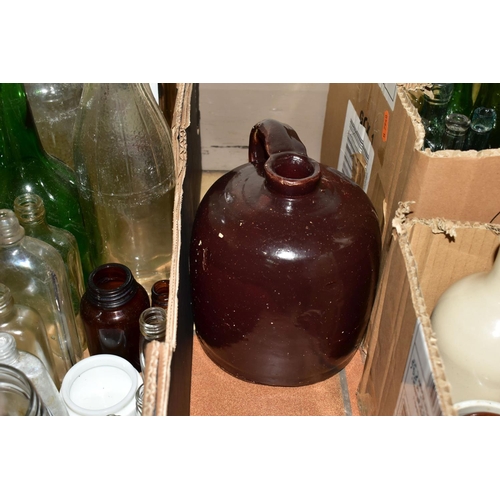 410 - FOUR BOXES OF STONEWARE SALT GLAZED JARS AND ANTIQUE/VINTAGE GLASS BOTTLES, to include salt glazed i... 